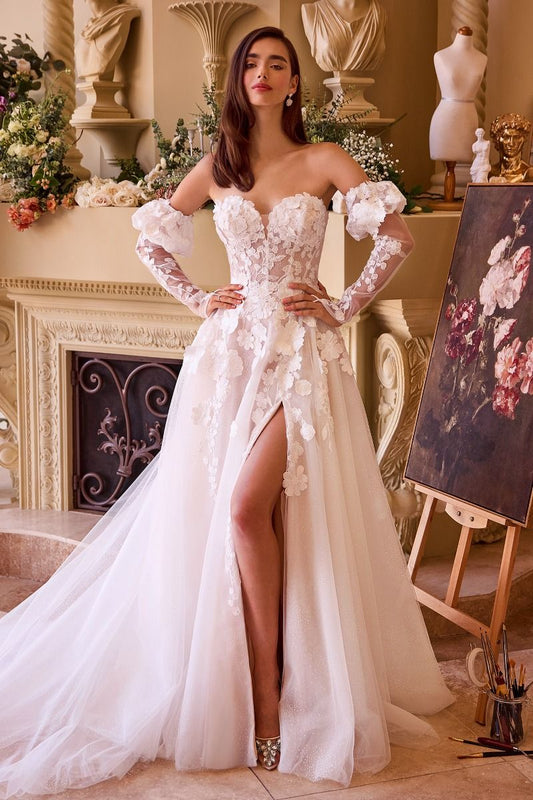 Floral Applique Adorned Strapless Wedding Gown