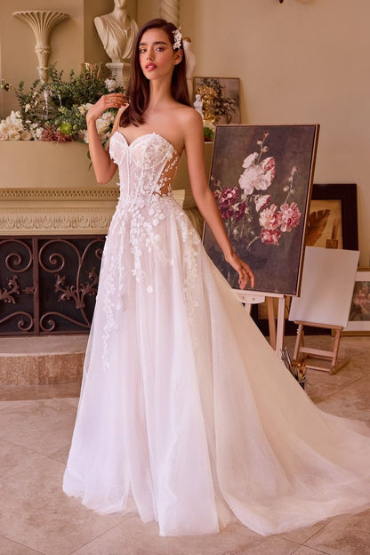 Floral Appliqued Strapless Wedding Ball Gown