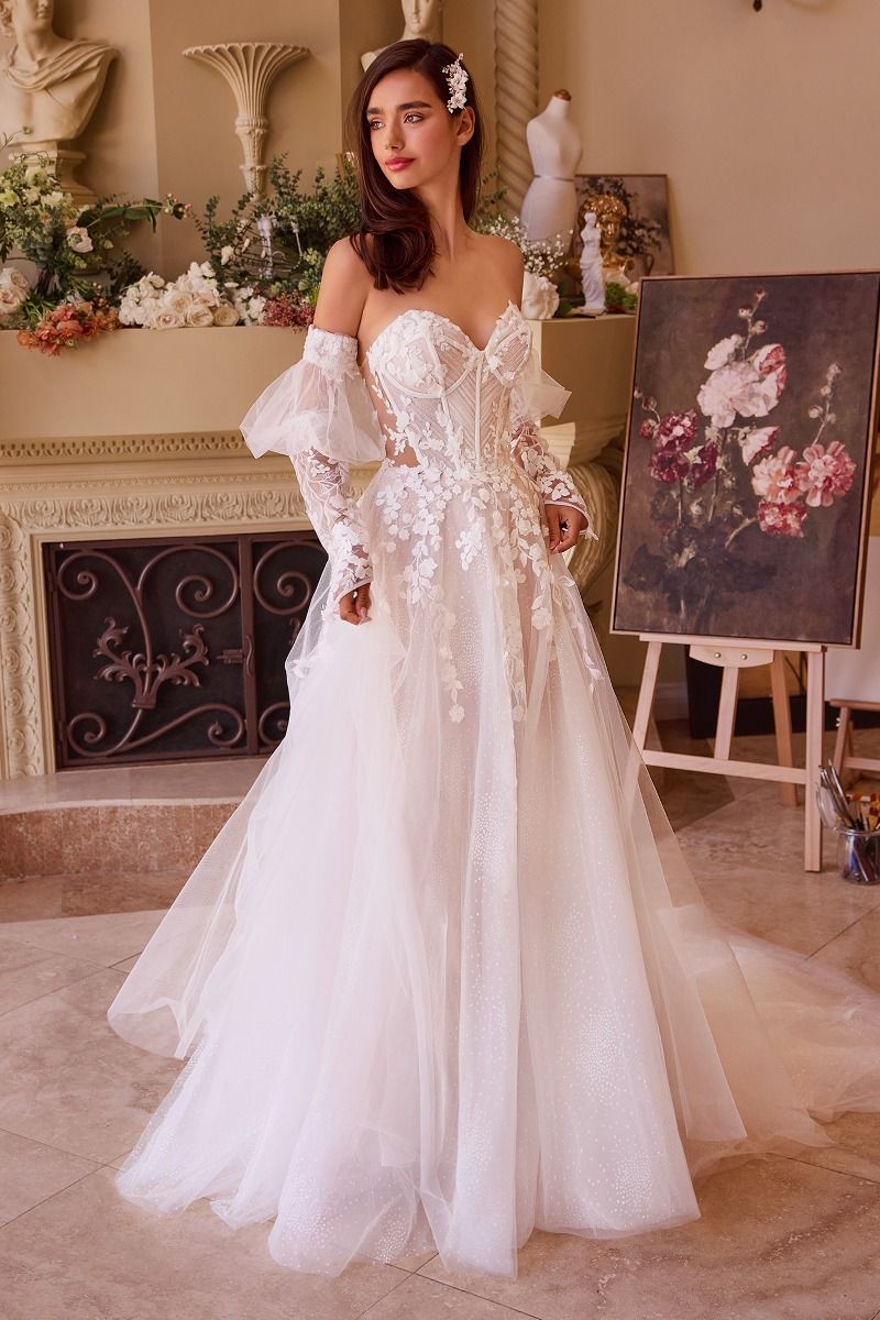 Floral Appliqued Strapless Wedding Ball Gown