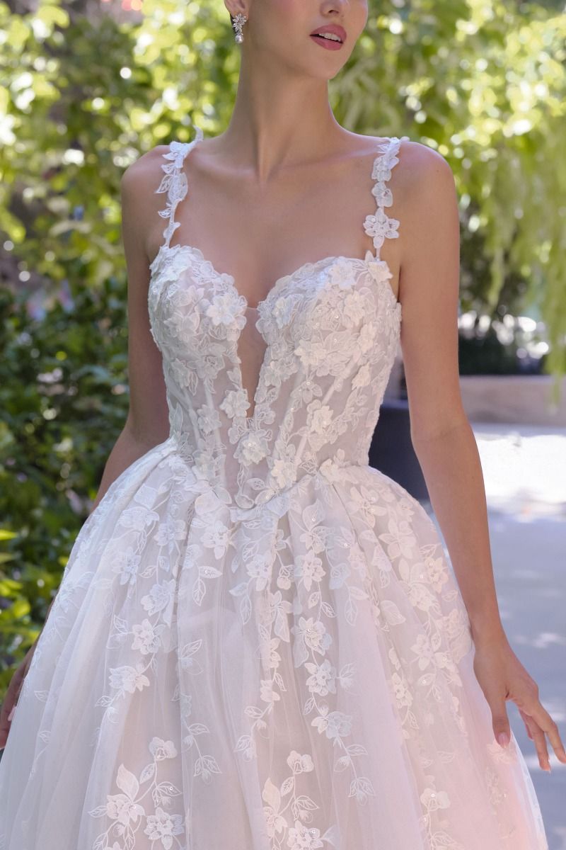 Ball Gown Wedding Dress Illusion Neckline, Delicate Floral Appliqué St –  Tux-USA®