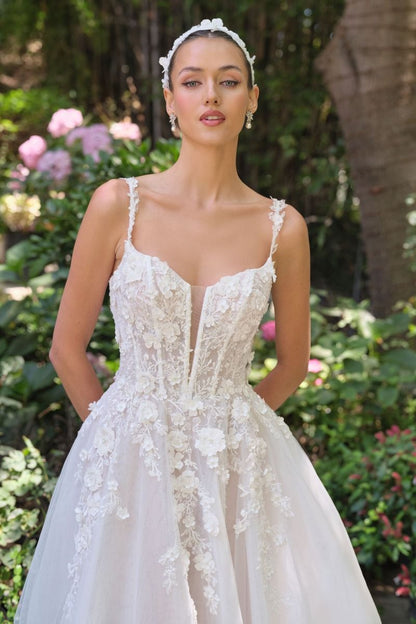A-line wedding gown plunging illusion neckline and delicate floral straps corset bodice