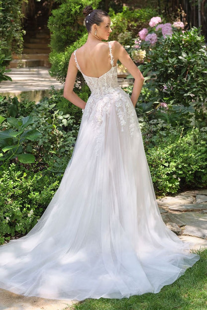 A-line wedding gown plunging illusion neckline and delicate floral straps corset bodice
