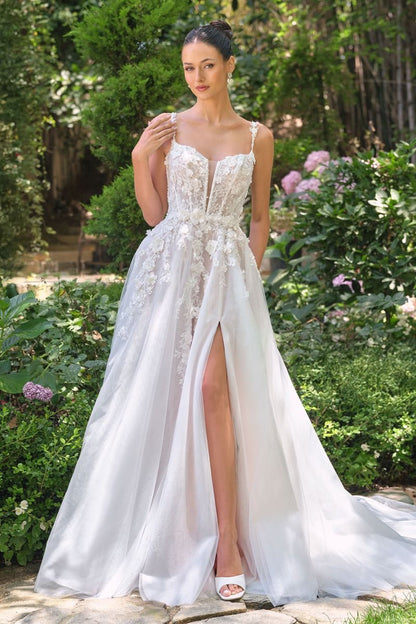 A-line wedding gown plunging illusion neckline and delicate floral straps corset bodice