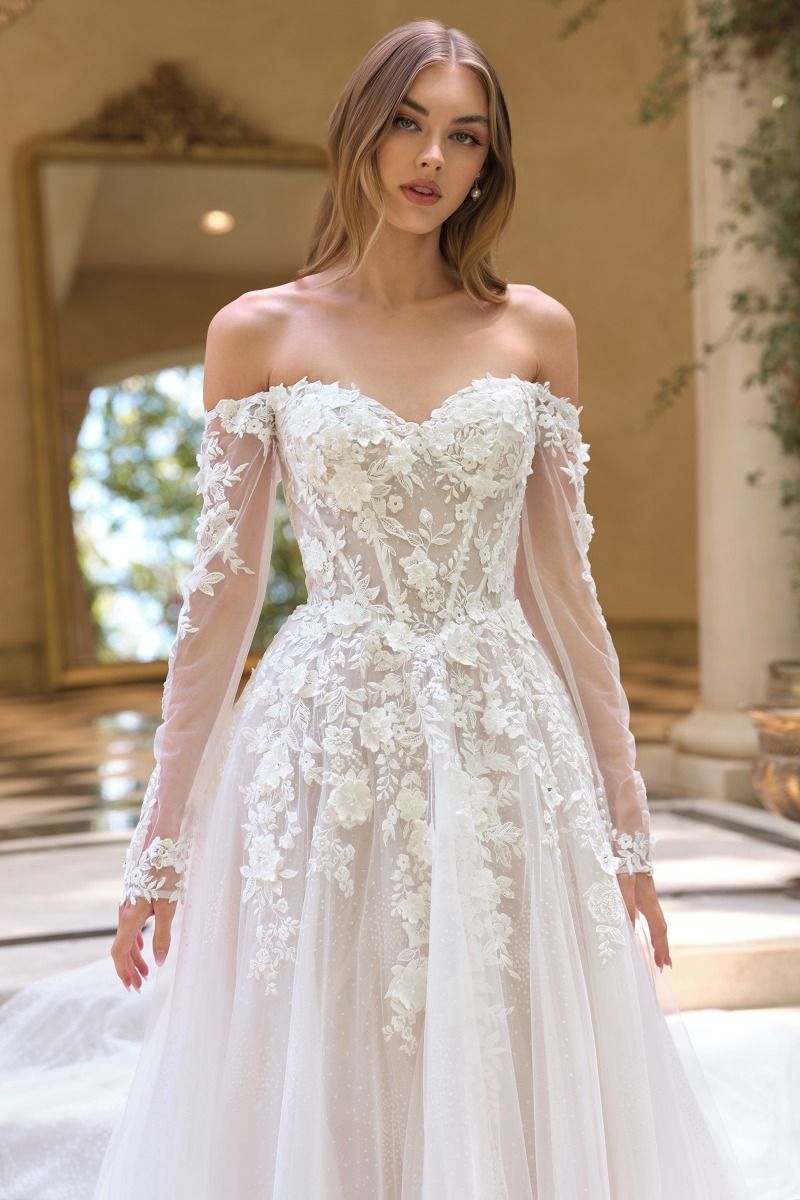Off-The-Shoulder Neckline with Sheer Illusion Sleeves and A Corseted Bodice.