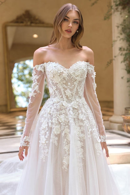 Off-The-Shoulder Neckline with Sheer Illusion Sleeves and A Corseted Bodice.