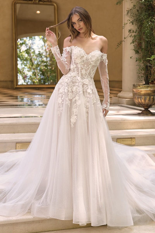 Off-The-Shoulder Neckline with Sheer Illusion Sleeves and A Corseted Bodice.