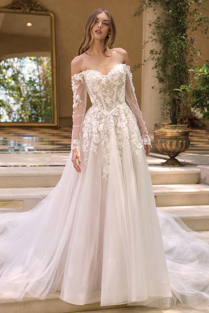 Off-The-Shoulder Neckline with Sheer Illusion Sleeves and A Corseted Bodice.