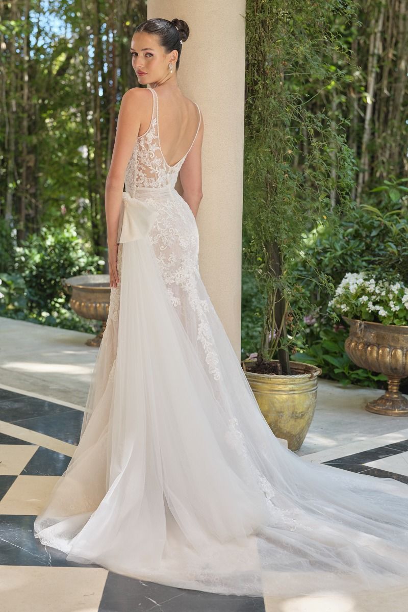 Embroidered Lace Mermaid Bridal Gown with Tulle Bow Train 12 / Off White-Nude Embroidered Lace Mermaid Bridal Gown with Tulle Bow Train 12 / Off White-Nude