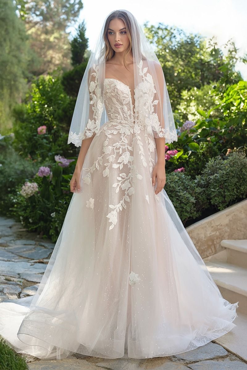 Floral Lace Illusion Plunge Bridal Ball Gown