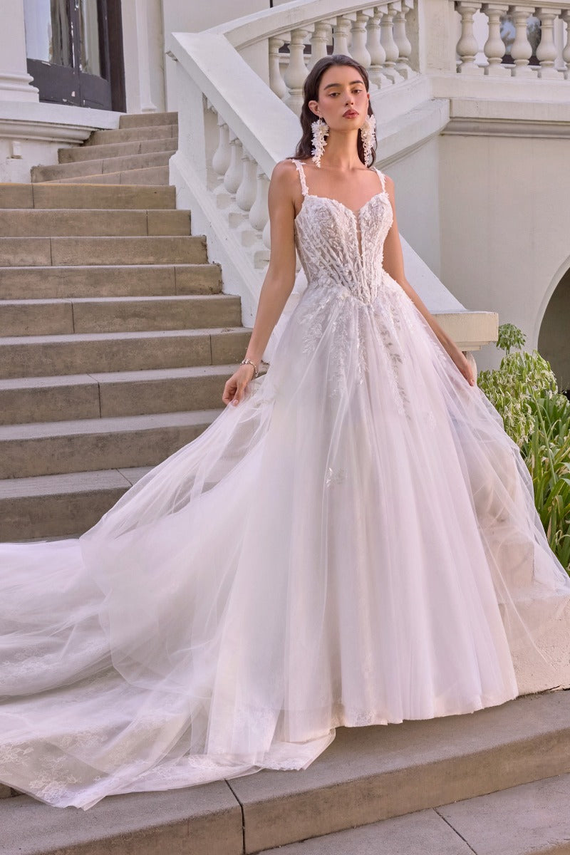 Leaf Motif Layered Tulle Wedding Ball Gown