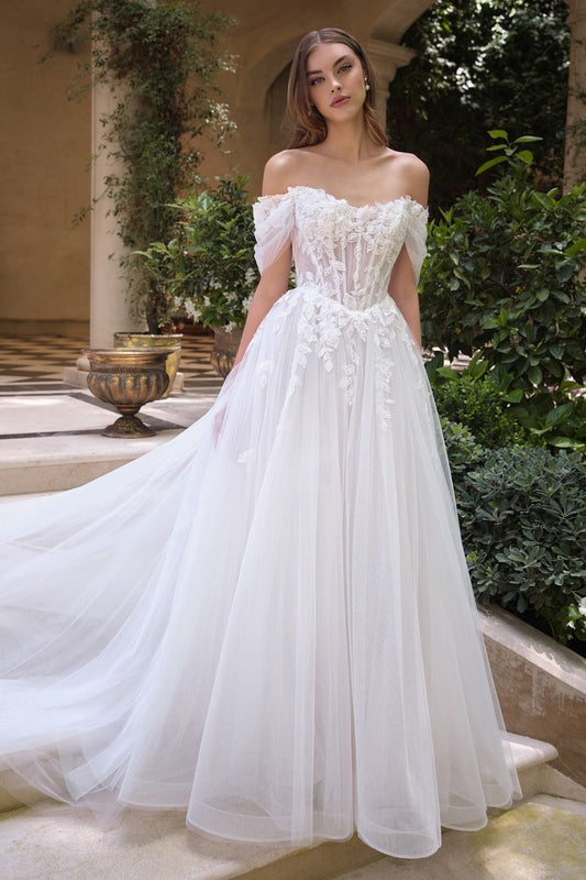 Wedding Ball Gown An Off-The-Shoulder Illusion Bodice Adorned With Cascading Floral Lace Appliqué And Dimensional Textures
