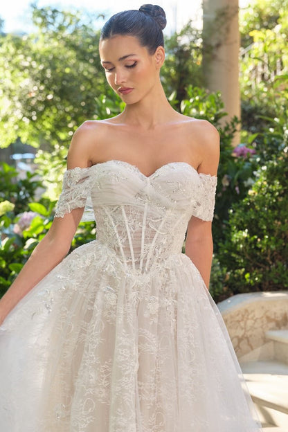 Wedding Ball Gown Illusion Bodice Adorned With Cascading Floral Appliqué