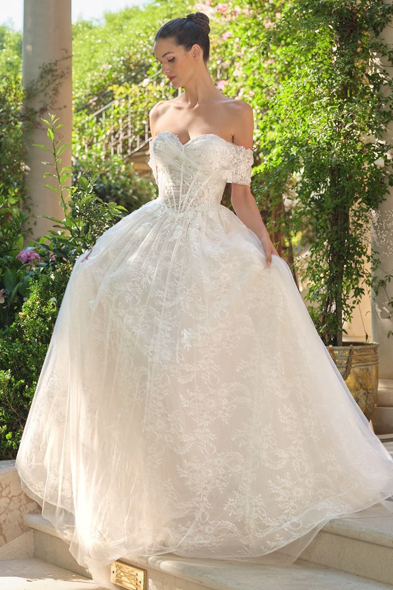 Wedding Ball Gown Illusion Bodice Adorned With Cascading Floral Appliqué