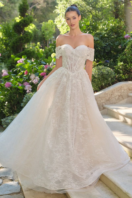 Wedding Ball Gown Illusion Bodice Adorned With Cascading Floral Appliqué