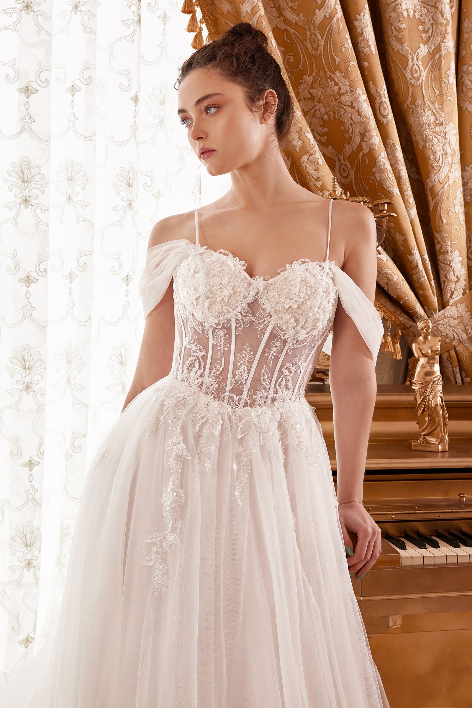 Layered Tulle A-Line Bridal Gown With Corset Bodice 8 / Off White Layered Tulle A-Line Bridal Gown With Corset Bodice 8 / Off White