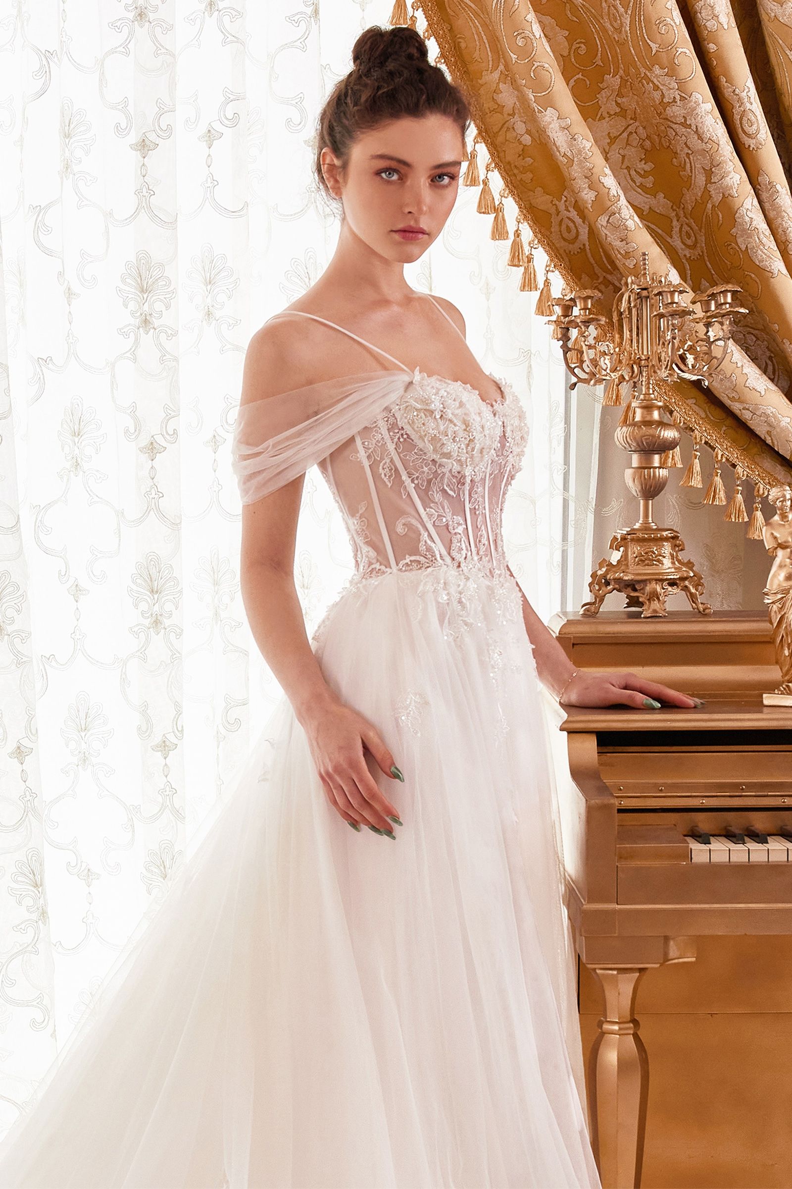 bodice lace wedding dress Ladivine WN307 A Line Tulle Off the shoulder Sheer Corset Wedding Dress Beaded Bridal Gown 8 / Off White