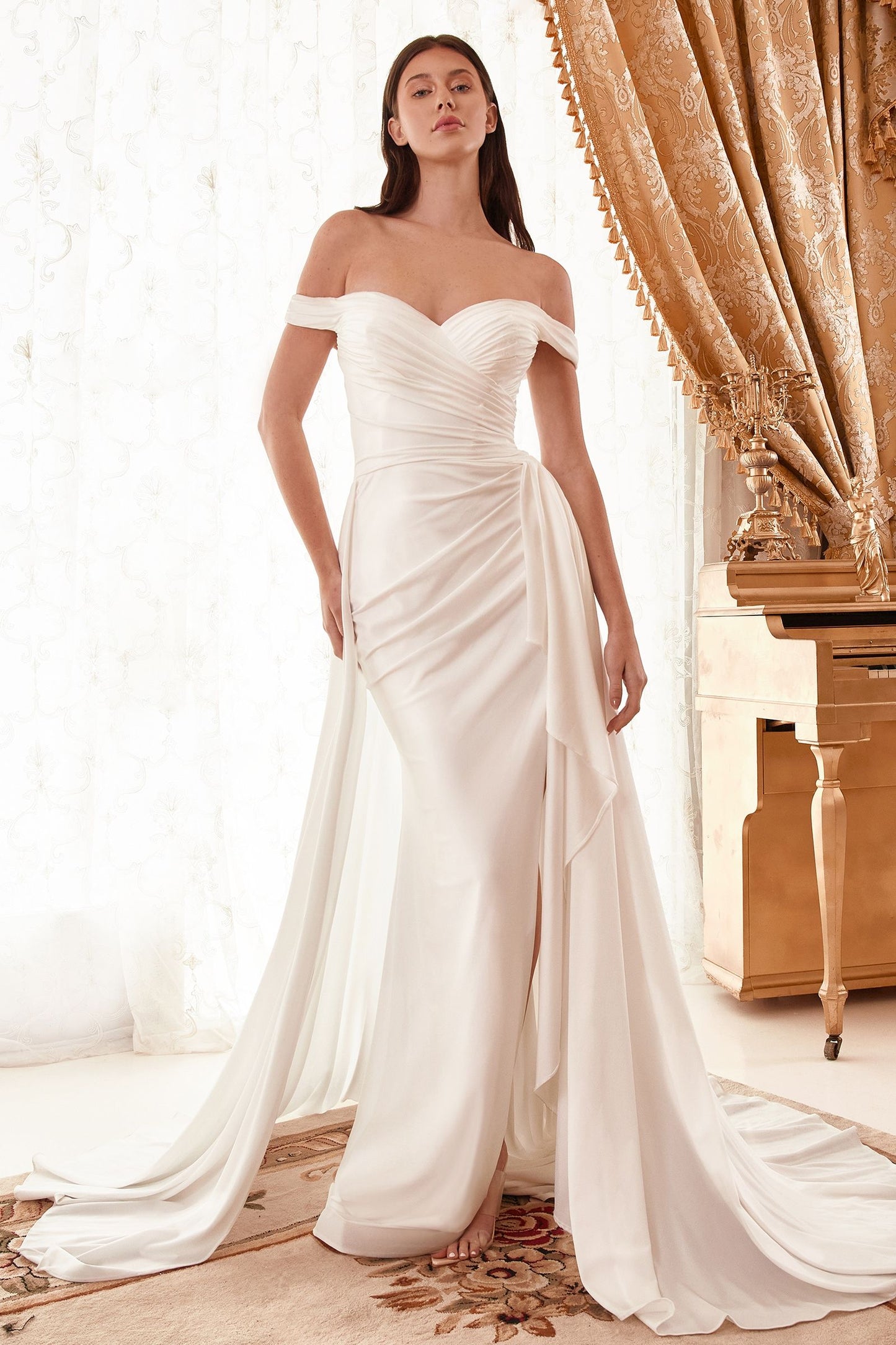 Draped Off The Shoulder Bridal Gown With Overskirt