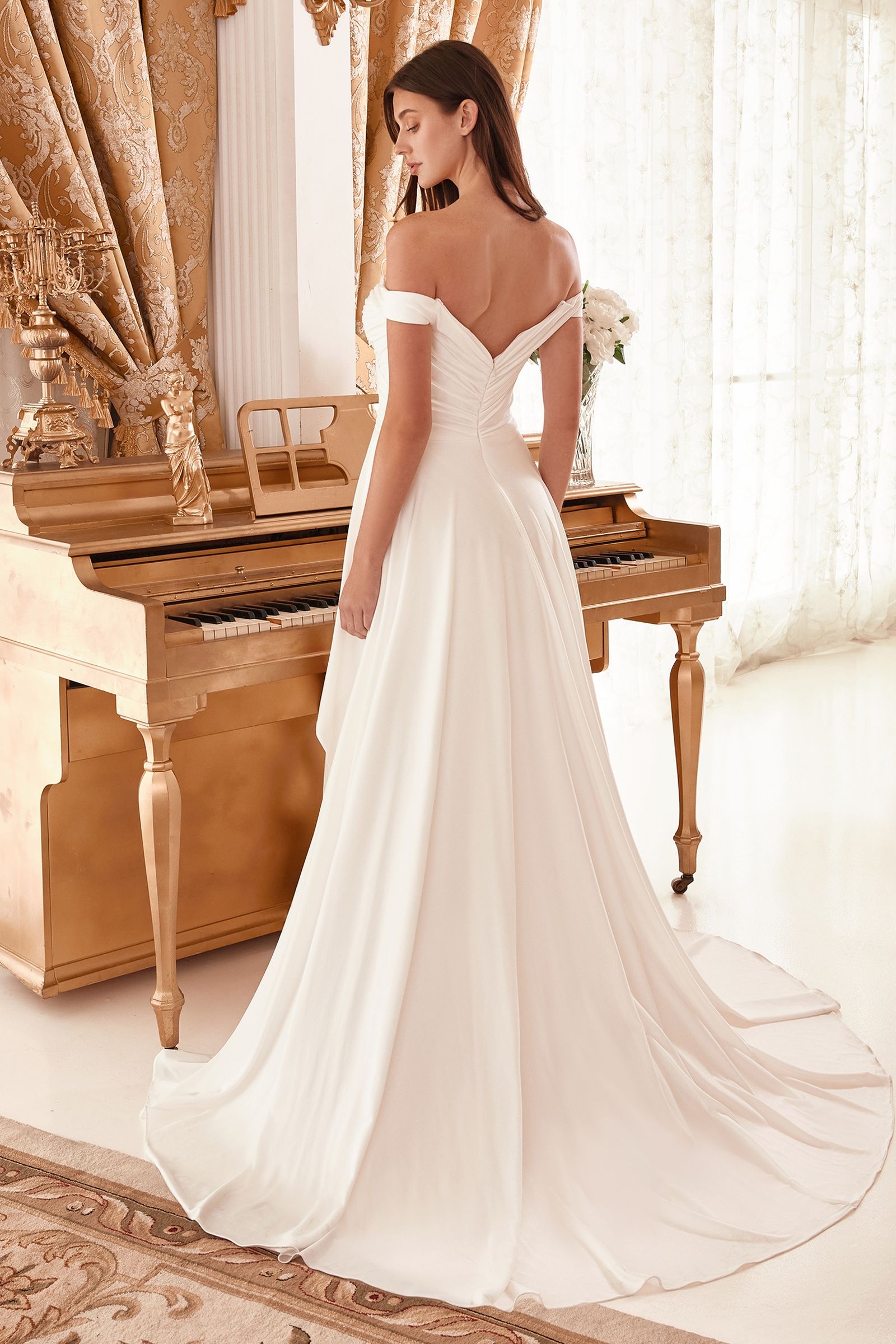 Draped Off The Shoulder Bridal Gown With Overskirt Tux-USA Draped Off The Shoulder Bridal Gown With Overskirt Tux-USA