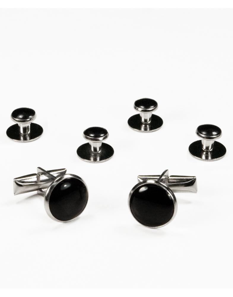 Basic Black with Silver Trim Studs and Cufflinks Set - Black