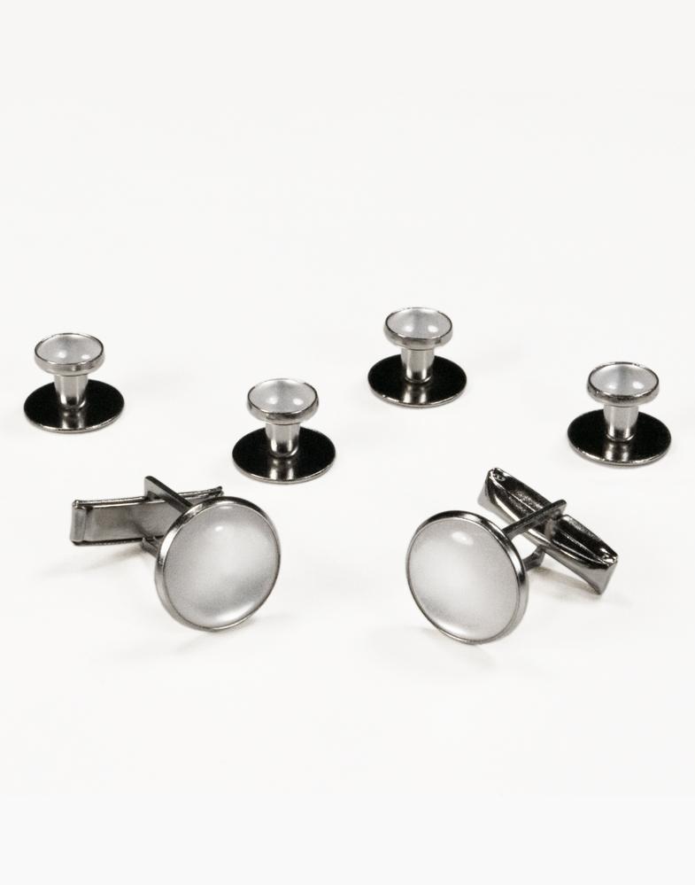 Basic Black with Silver Trim Studs and Cufflinks Set - White