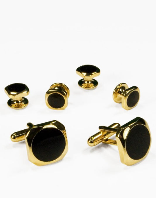 Black Circular Onyx with Gold Octagon Edge Studs and 