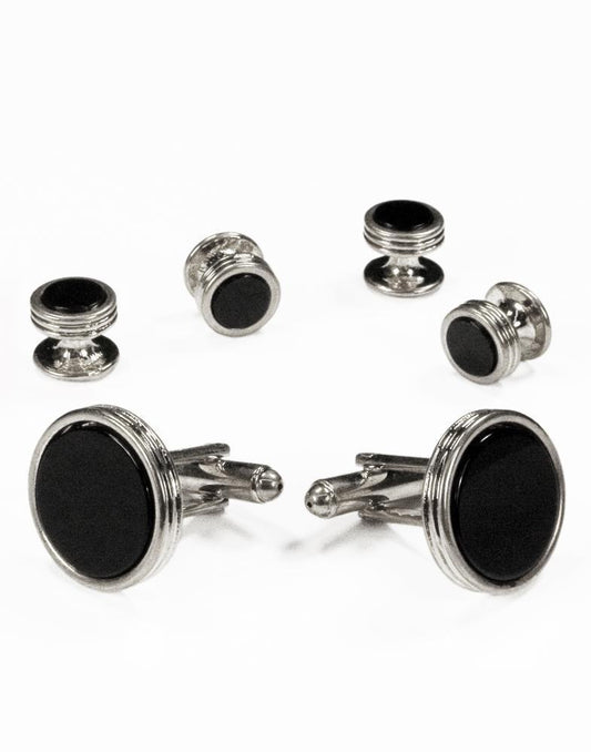 Black Circular Onyx with Silver Concentric Circles Studs and
