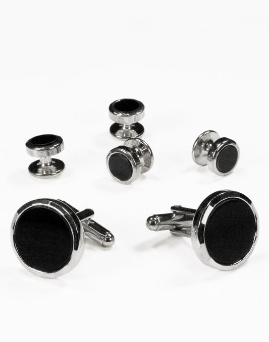 Black Circular Onyx with Silver Facet Cut Edge Studs and 
