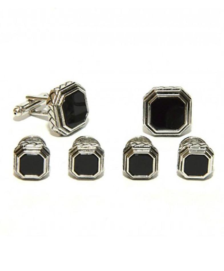 Black Octagon Onyx in Antique Silver Setting Studs & 
