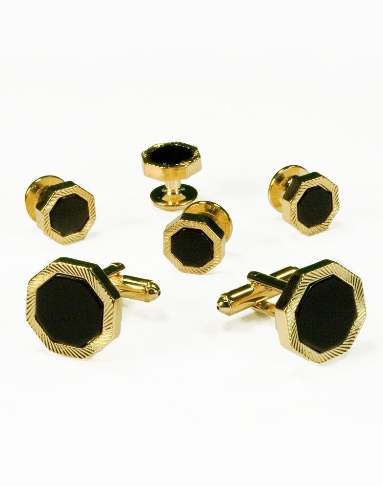 Black Octagon Onyx with Gold Feathered Edge Studs and 