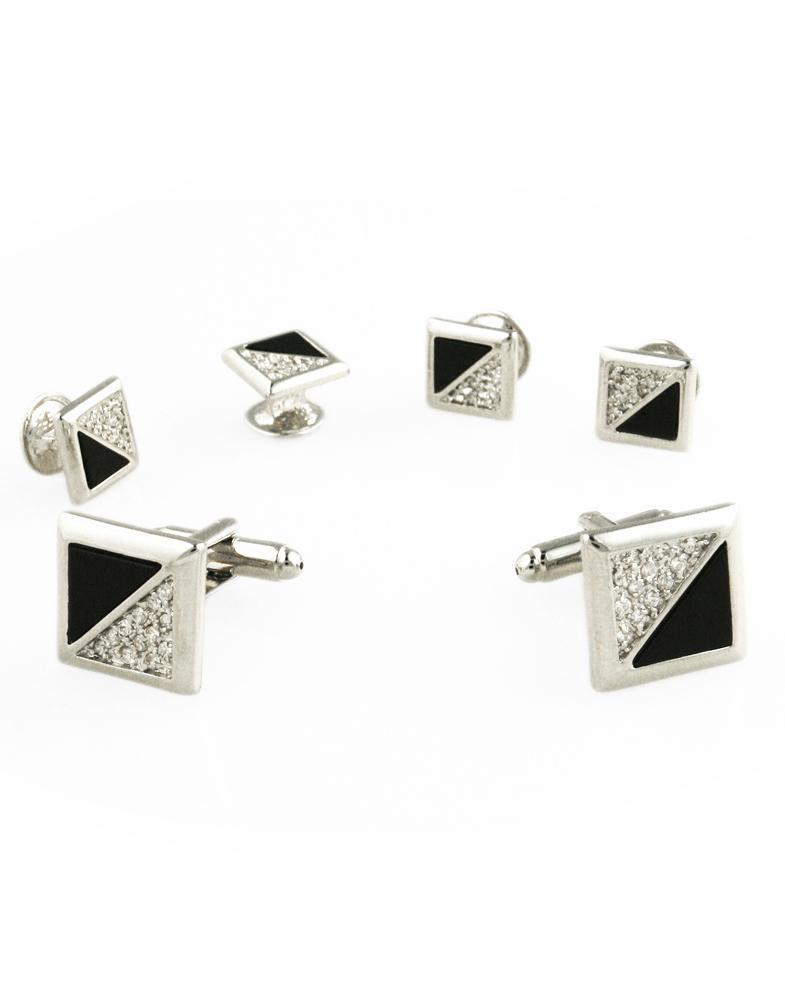 Black Onyx & Cubic Zirconia Triangles with Silver Edge Studs
