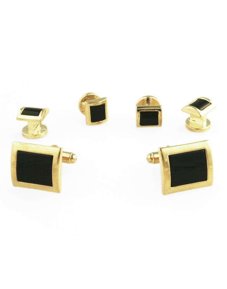 Black Square Convex Onyx with Gold Edge Studs and Cufflinks 