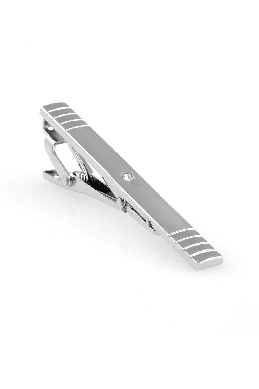 Brushed Silver with Center Crystal Premium Tie Bar