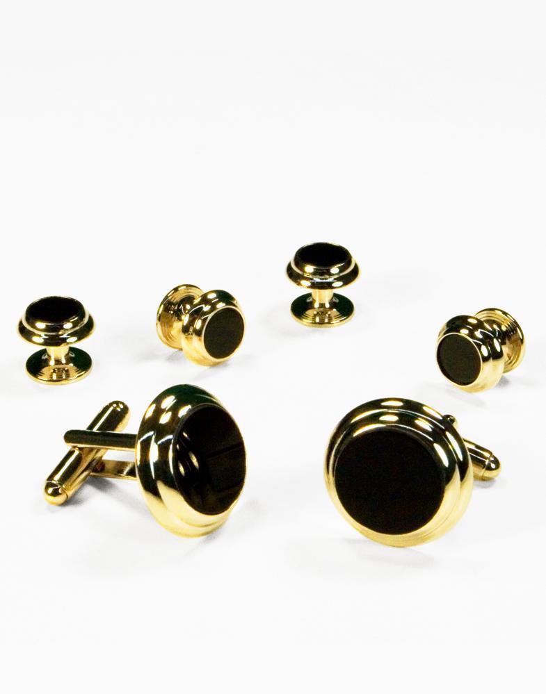 Black Circular Onyx with Gold Double Edge Concentric Circles Studs and Cufflinks Set