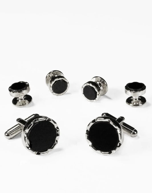 Black Circular Onyx with Diamond Cut Edge Studs and Cufflinks Set