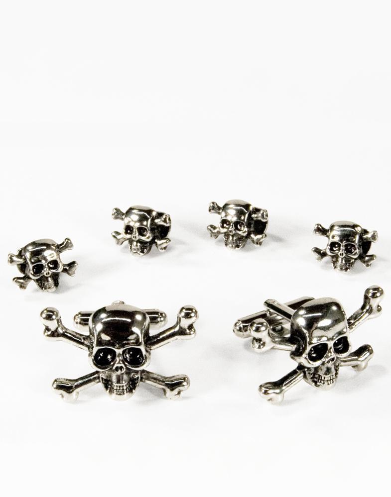 Skull & Crossbones Silver Studs and Cufflinks Set