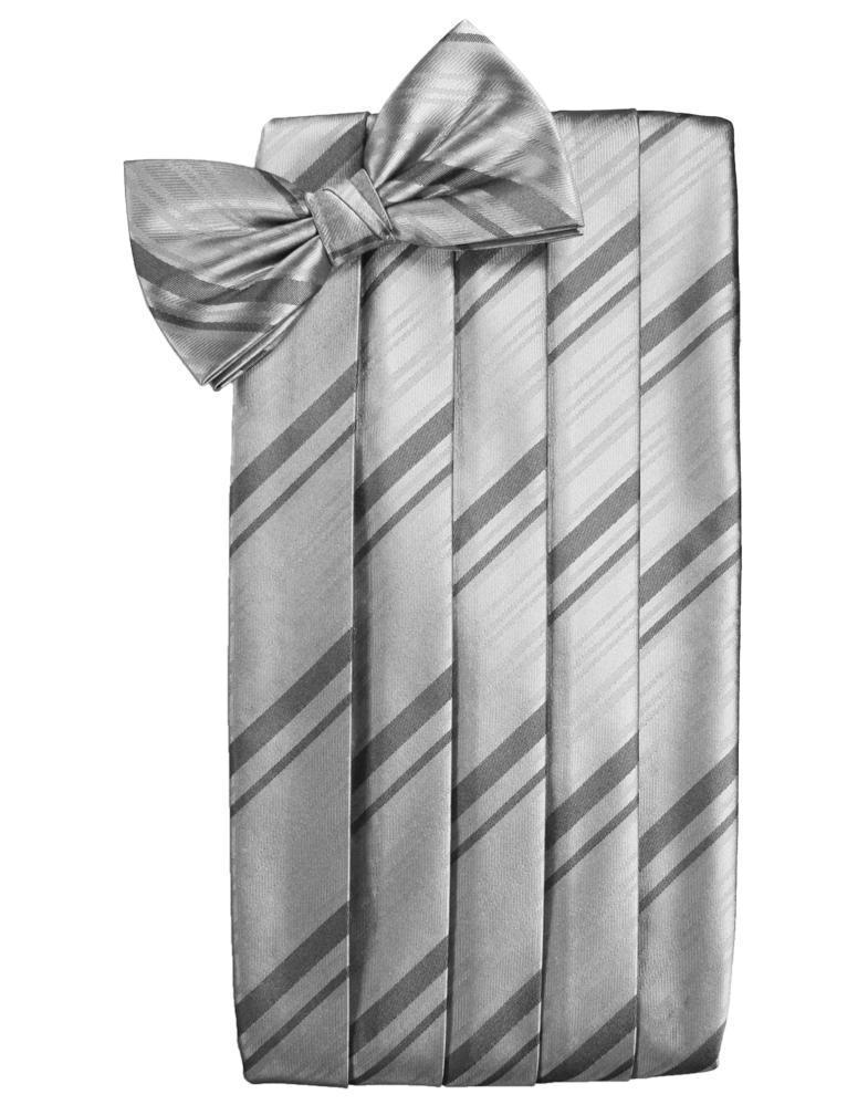 Set Striped Satin Cummerbund & Bow Tie - Silver - Faja 
