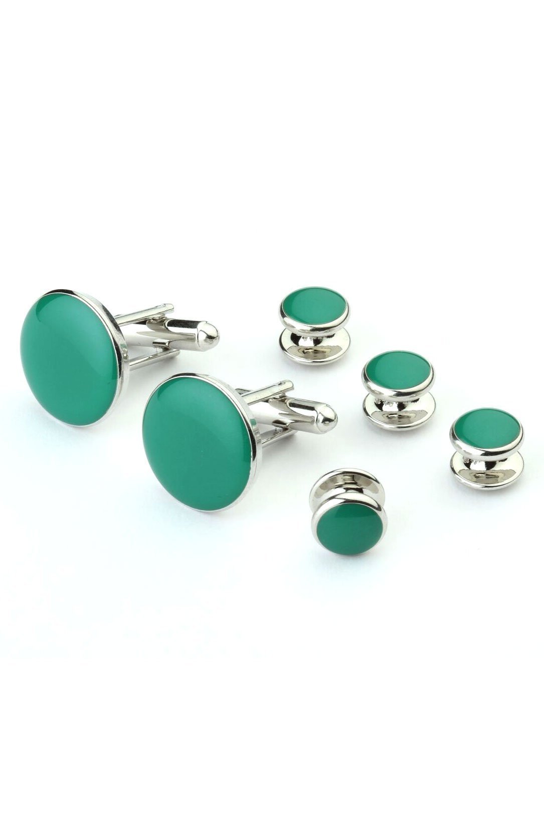 Silver Trim Studs and Cufflinks Set - Green - Set Botones y 