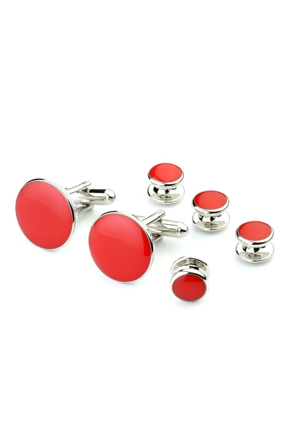 Silver Trim Studs and Cufflinks Set - Red - Set Botones y 