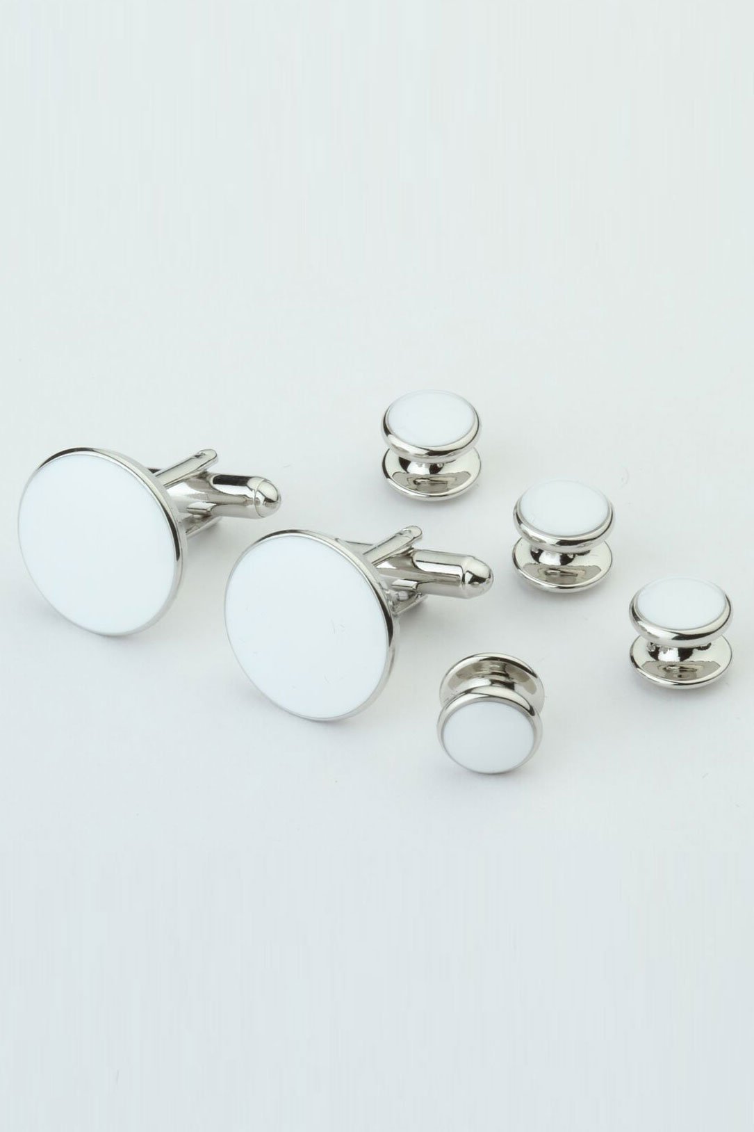 Silver Trim Studs and Cufflinks Set - White - Set Botones y 